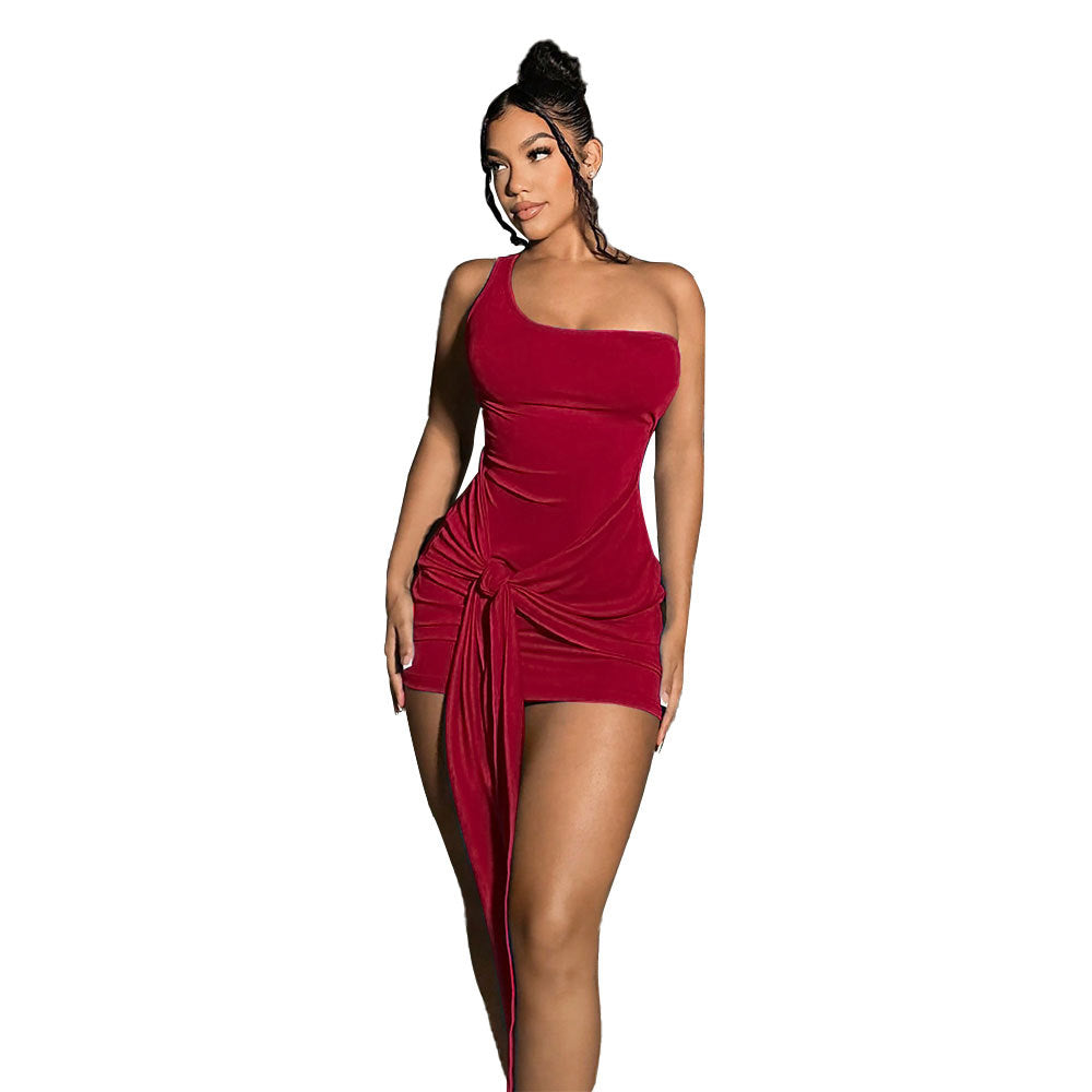 Damen Minikleid Asymmetrisch Wickel-Design Elegantes Knotendetail