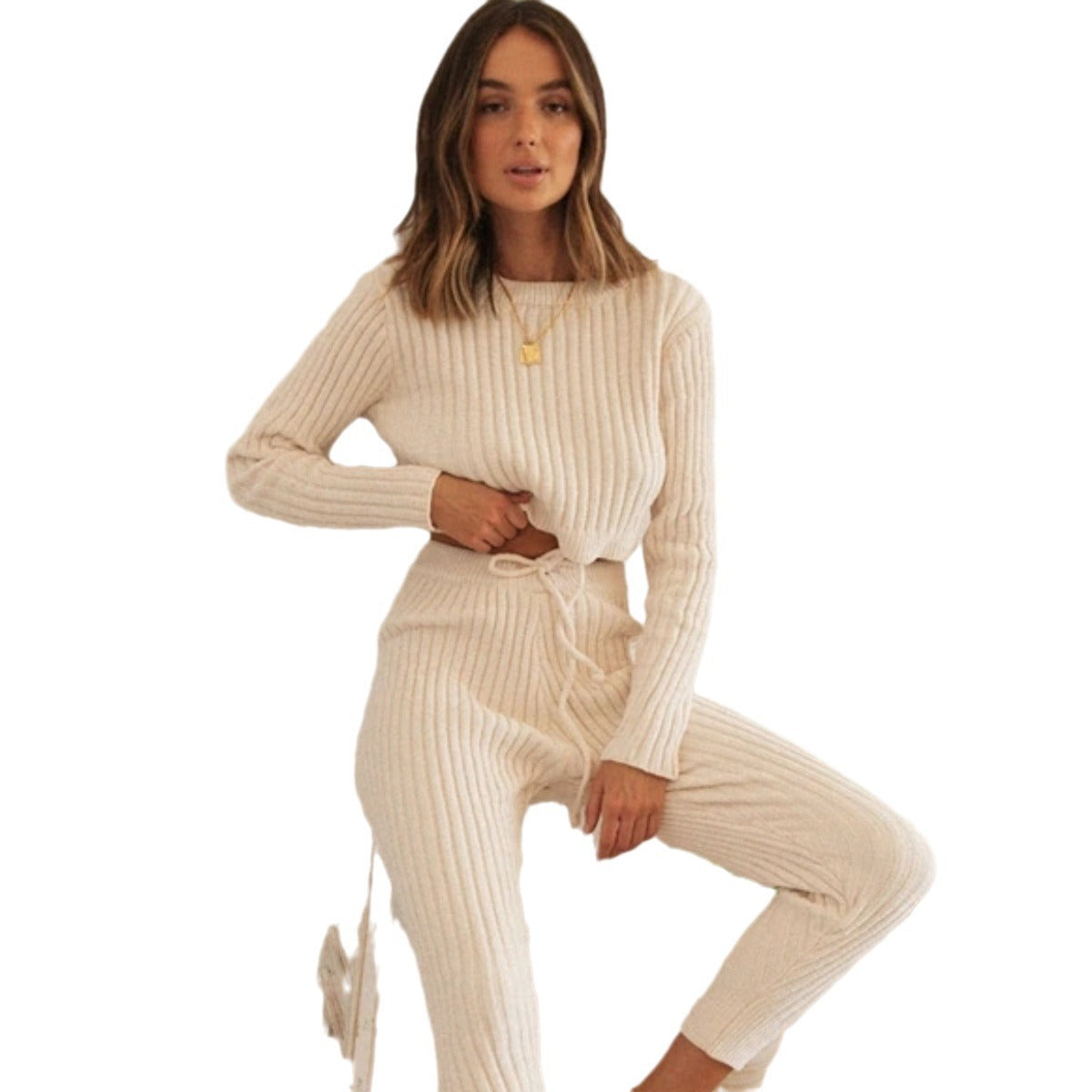 Damen Strickensemble Hochbund Rippstruktur