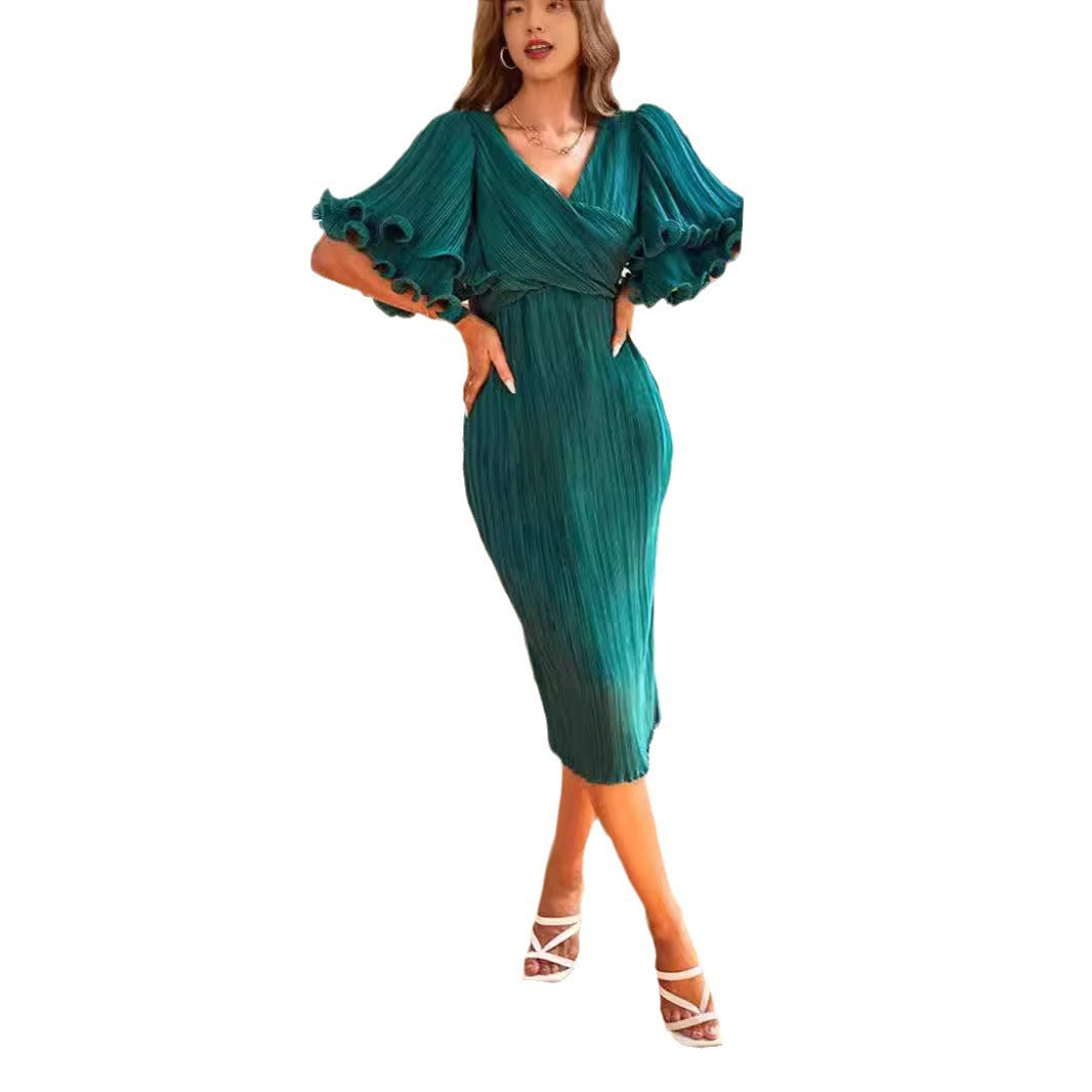 Damen Midi-Kleid Plissiert Ärmel Voluminös Eveloria