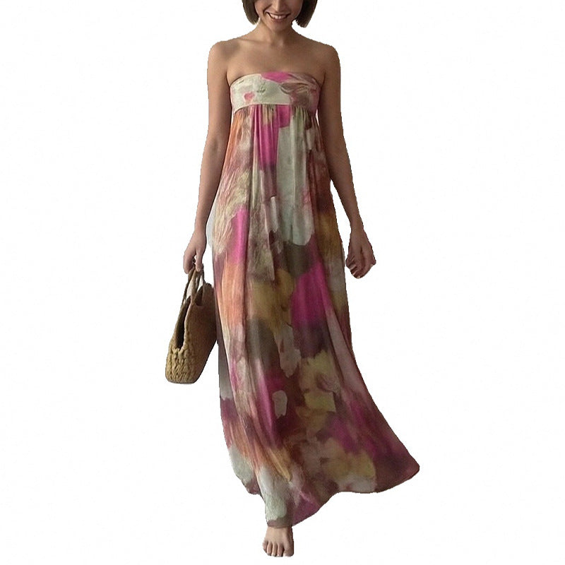 Damen Strandkleid Schulterfrei Floralmuster Lang Eveloria