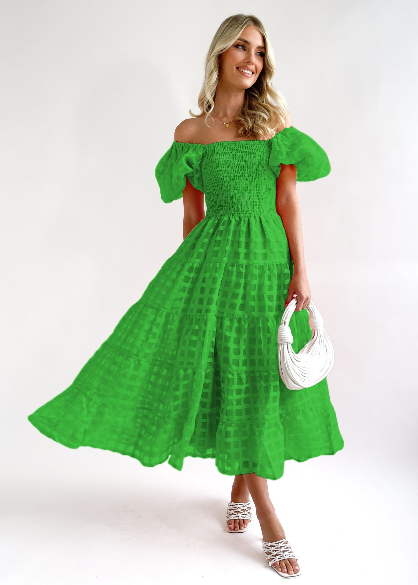 Damen Maxi-Kleid Puffärmel Elastisch Eveloria