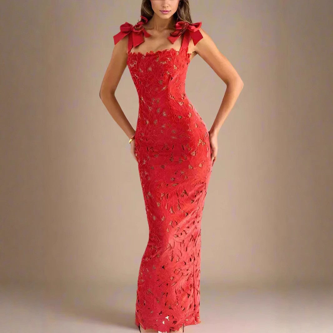 Damen Spitzenkleid Schleifenärmel Elegant Weiß
