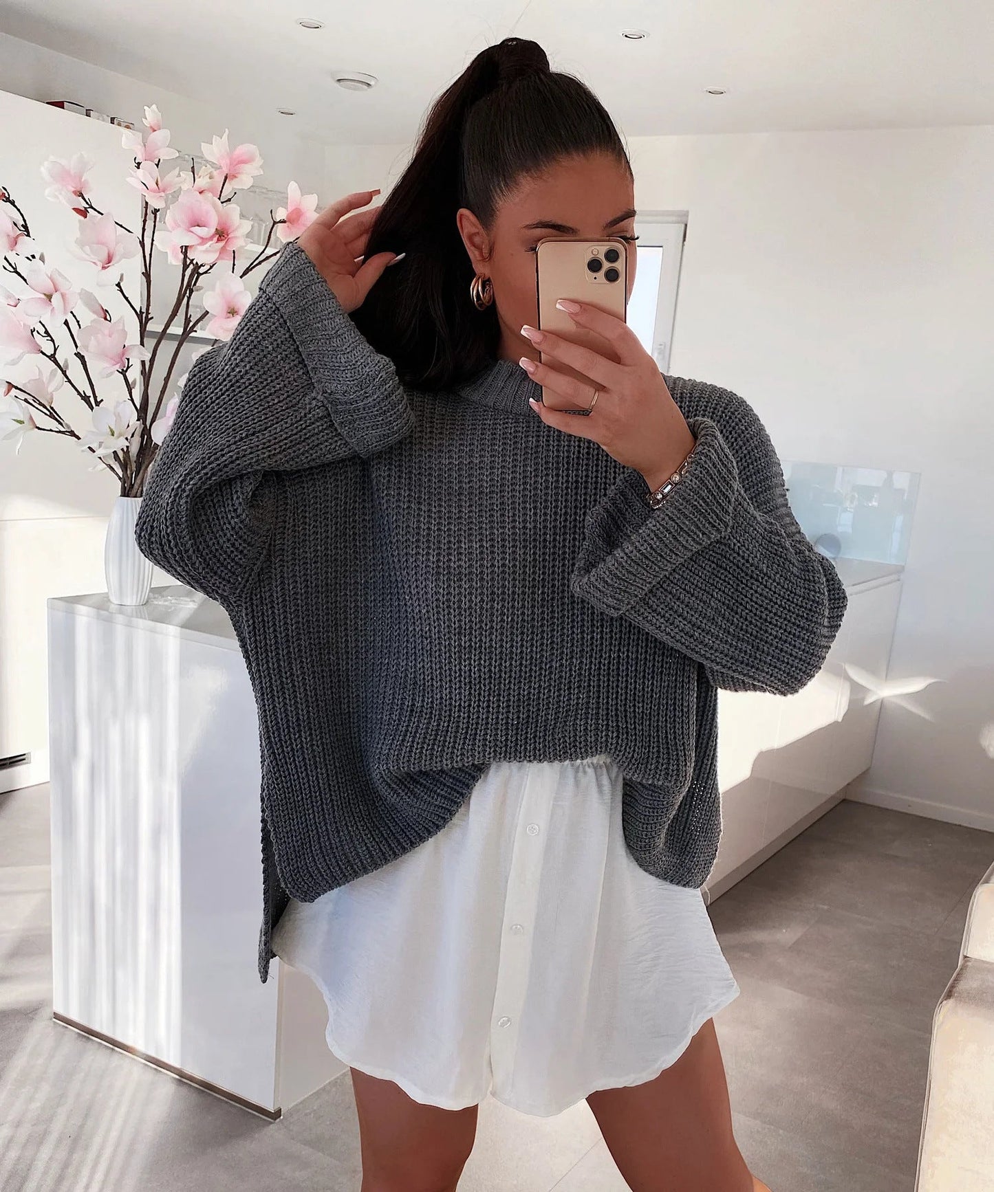 Damen Pullover Strukturiertes Gewebe Weit Schnitt Beige Eveloria