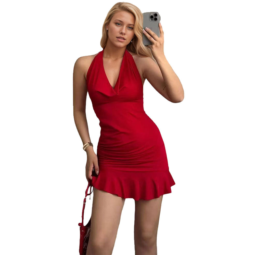 Damen Minikleid Figurbetonter Stil Rüschendetail V-Ausschnitt