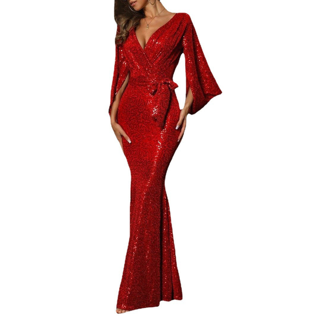 Damen Abendkleid Paillettenbesatz Weite Ärmel Eveloria