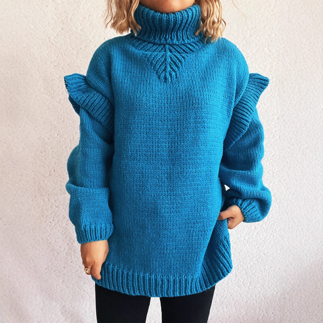 Damen Strickpullover Hohler Kragen Rüschen-Details Eveloria