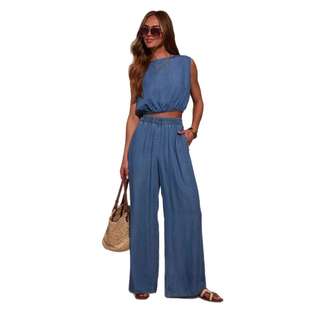 Damen Denim Set Cropped Oberteil Weite Hose Blau Eveloria