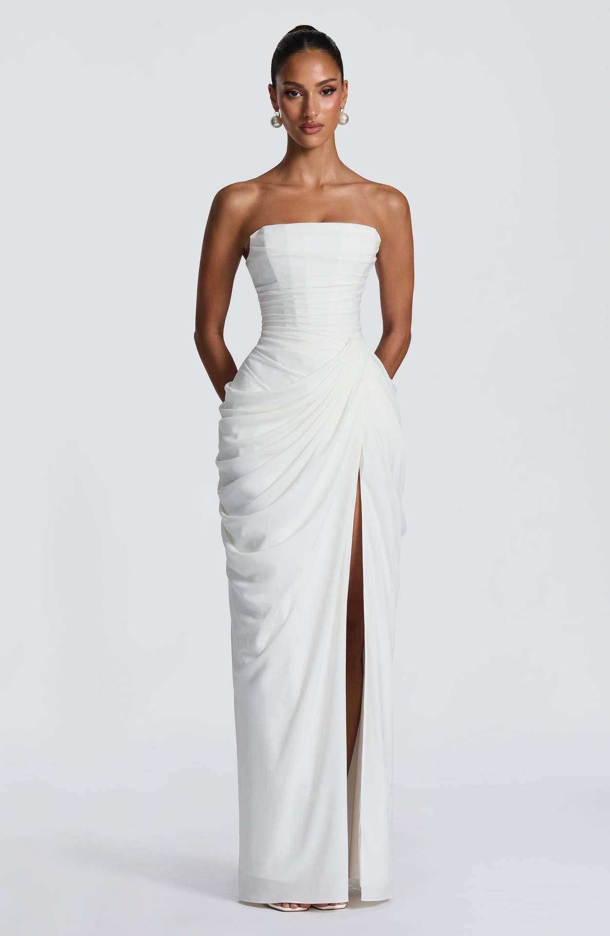 Damen Abendkleid Langarm Asymmetrisch Schlitz Eveloria