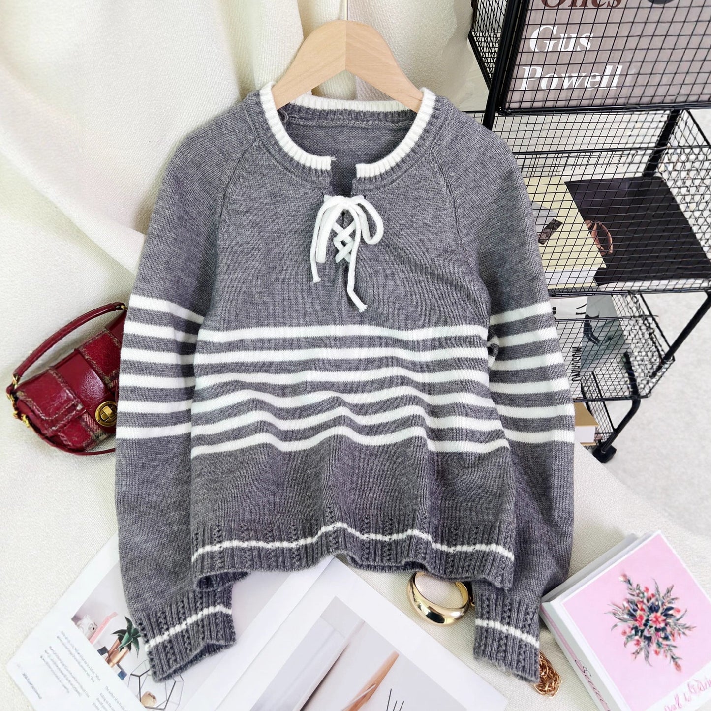 Damen Pullover Streifenmuster Seitlicher Kordelzug Modern Eveloria
