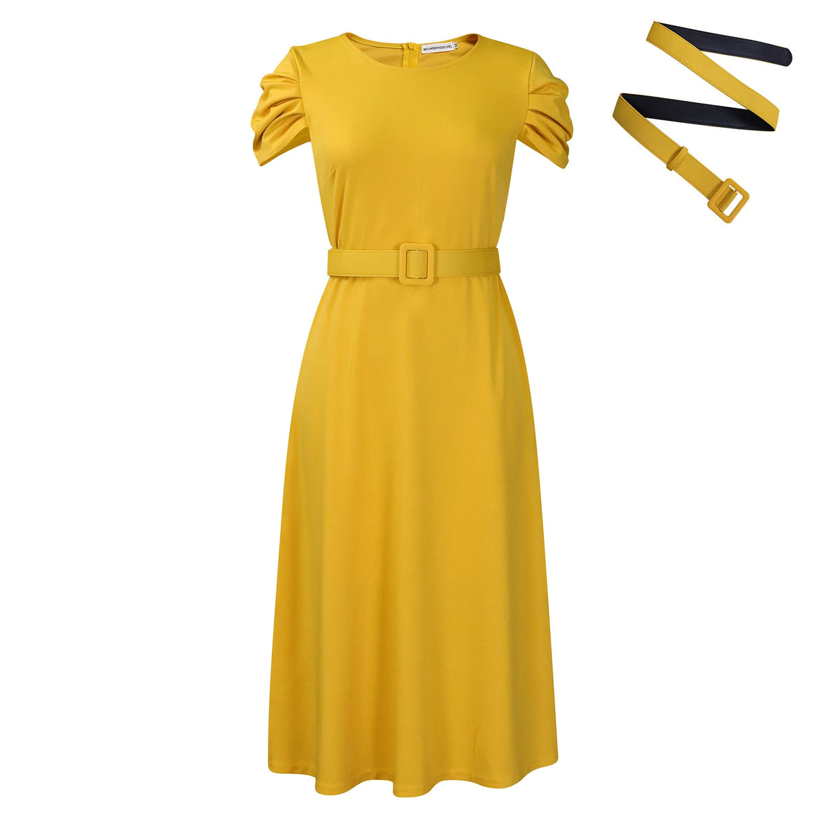 Damen Midi-Kleid mit Gummizug und schmalem Gürtel Eveloria