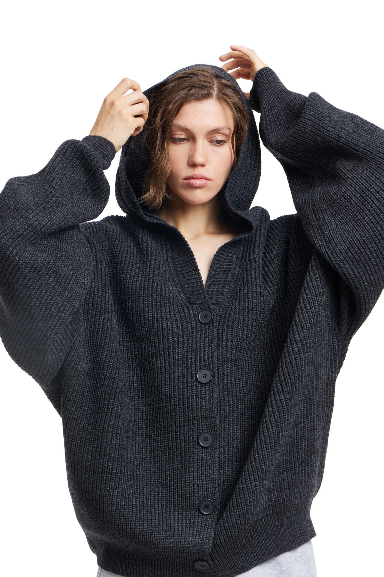 Damen Strickjacke Oversized mit Kapuze und Knöpfen