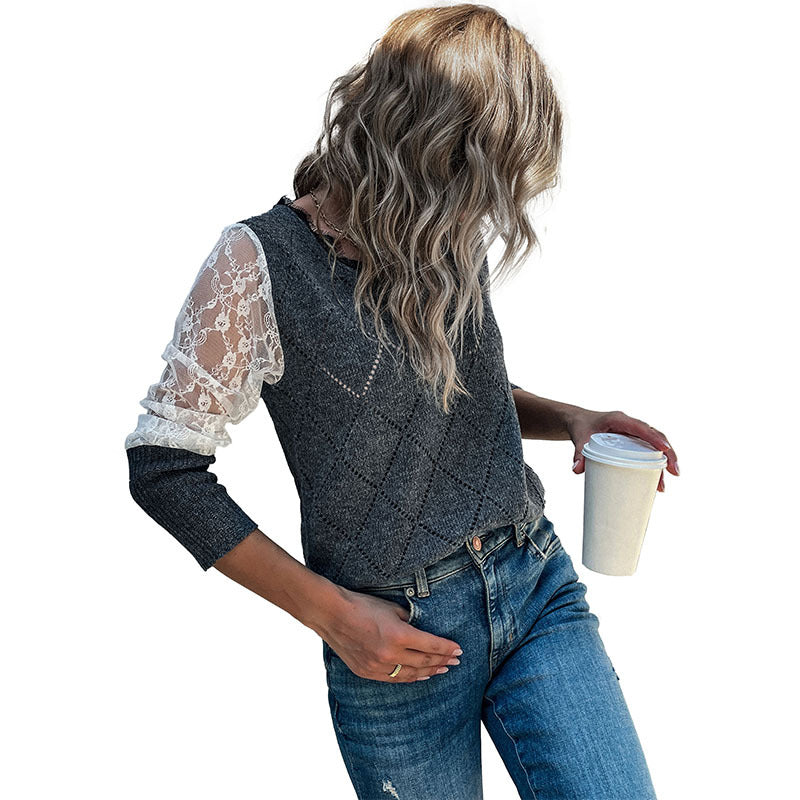 Damen Strickpullover Spitzeneinsätze Rautenmuster Eveloria