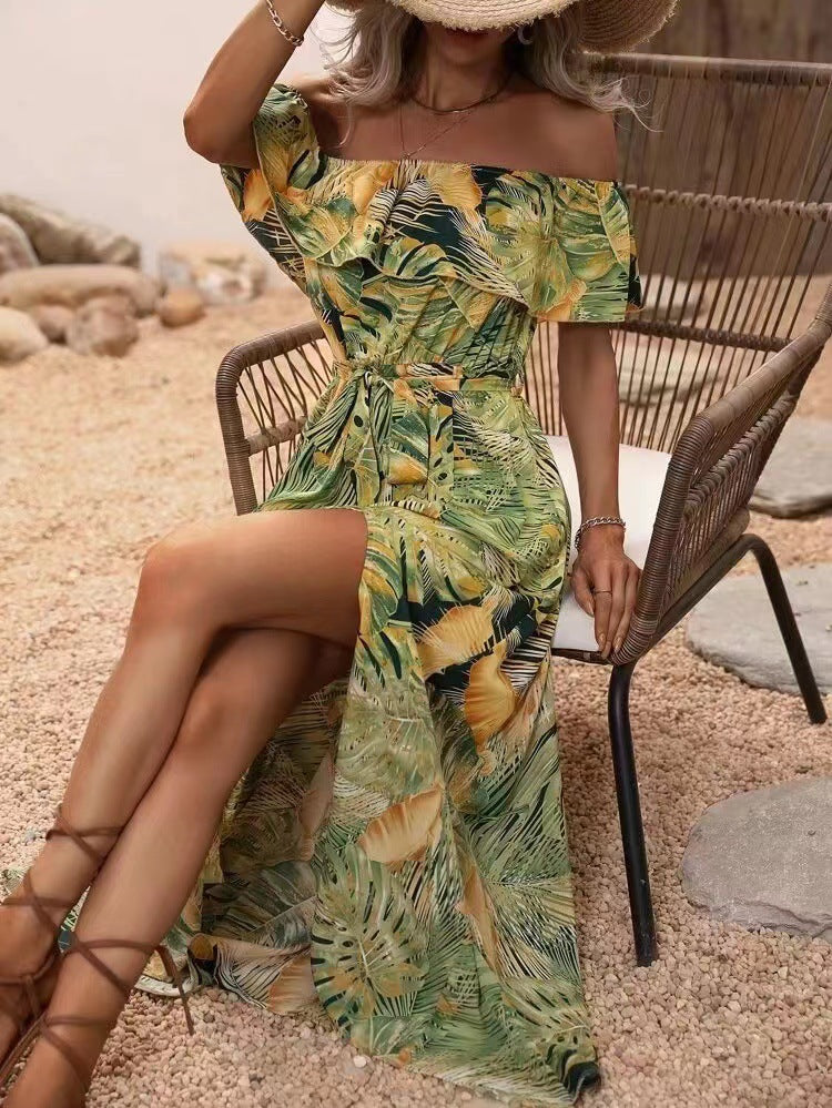 Damen Maxikleid Off-Shoulder Rundhals tiefes Seitenloch