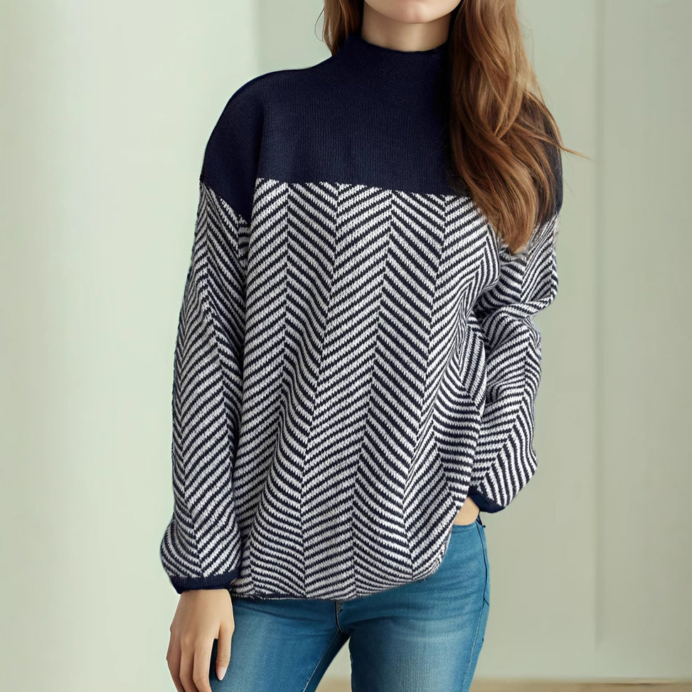 Damen Rollkragenpullover Fischgrätenmuster Elastisch Beige