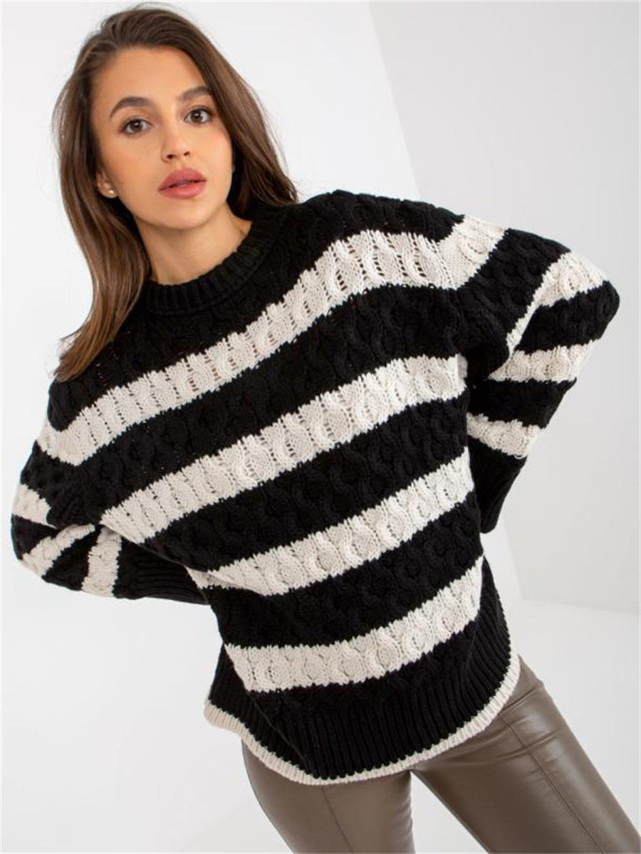 Damen Strickpullover Gestreift Voluminöse Ärmel weiß