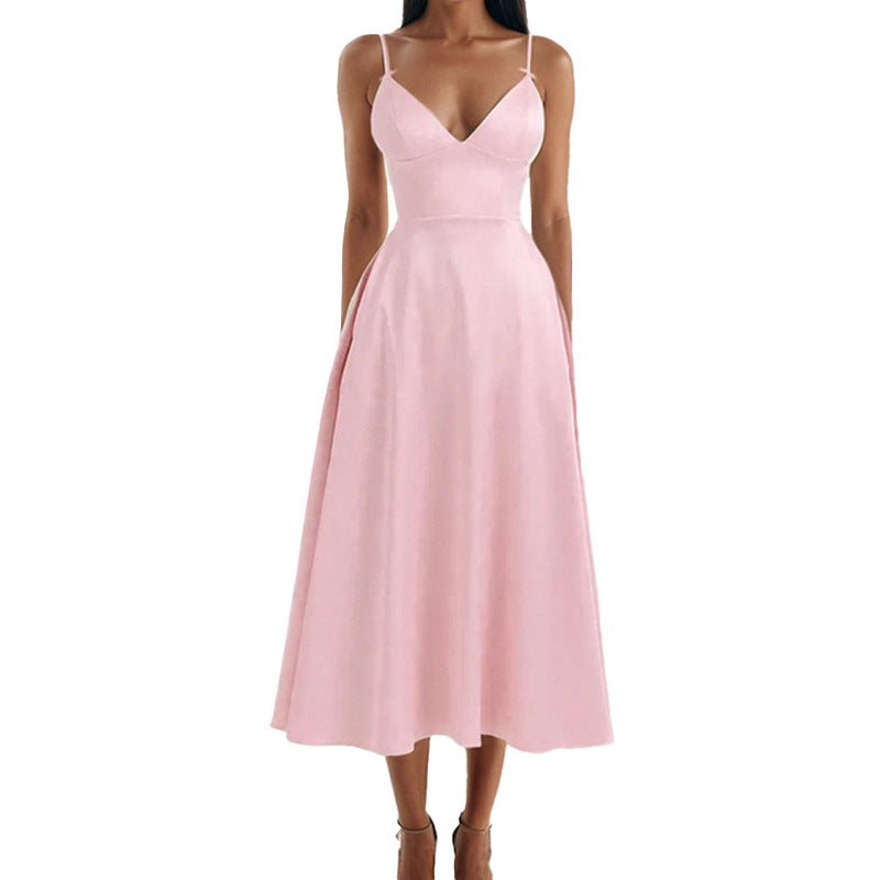 Damen Maxikleid V-Ausschnitt Fließender Rock Sommer