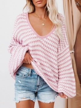 Damen Strickpullover Weit Karomuster Beige Eveloria