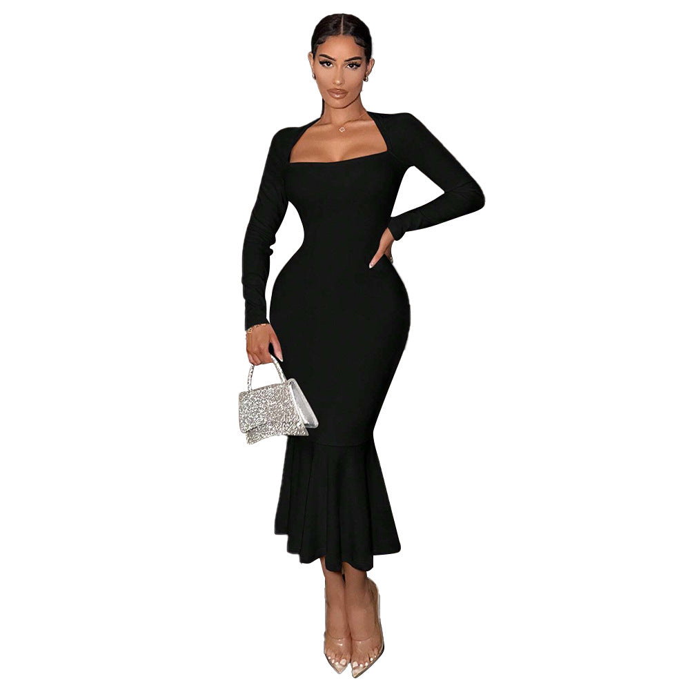 Damen Kleid Lang Quadrat-Ausschnitt Ausgestellter Saum Eveloria