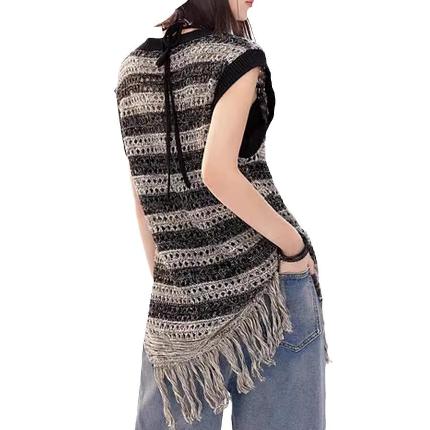 Damen Stricktop mit Fransen und Lochmuster Beige