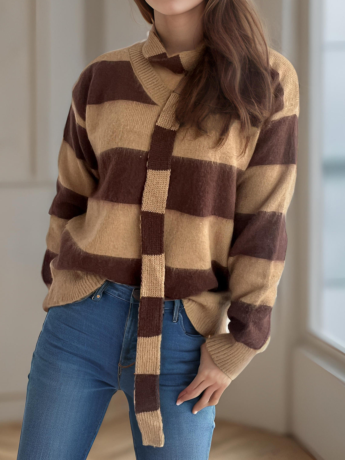 Damen Strickpullover Lässig Schlaufenakzente Beige