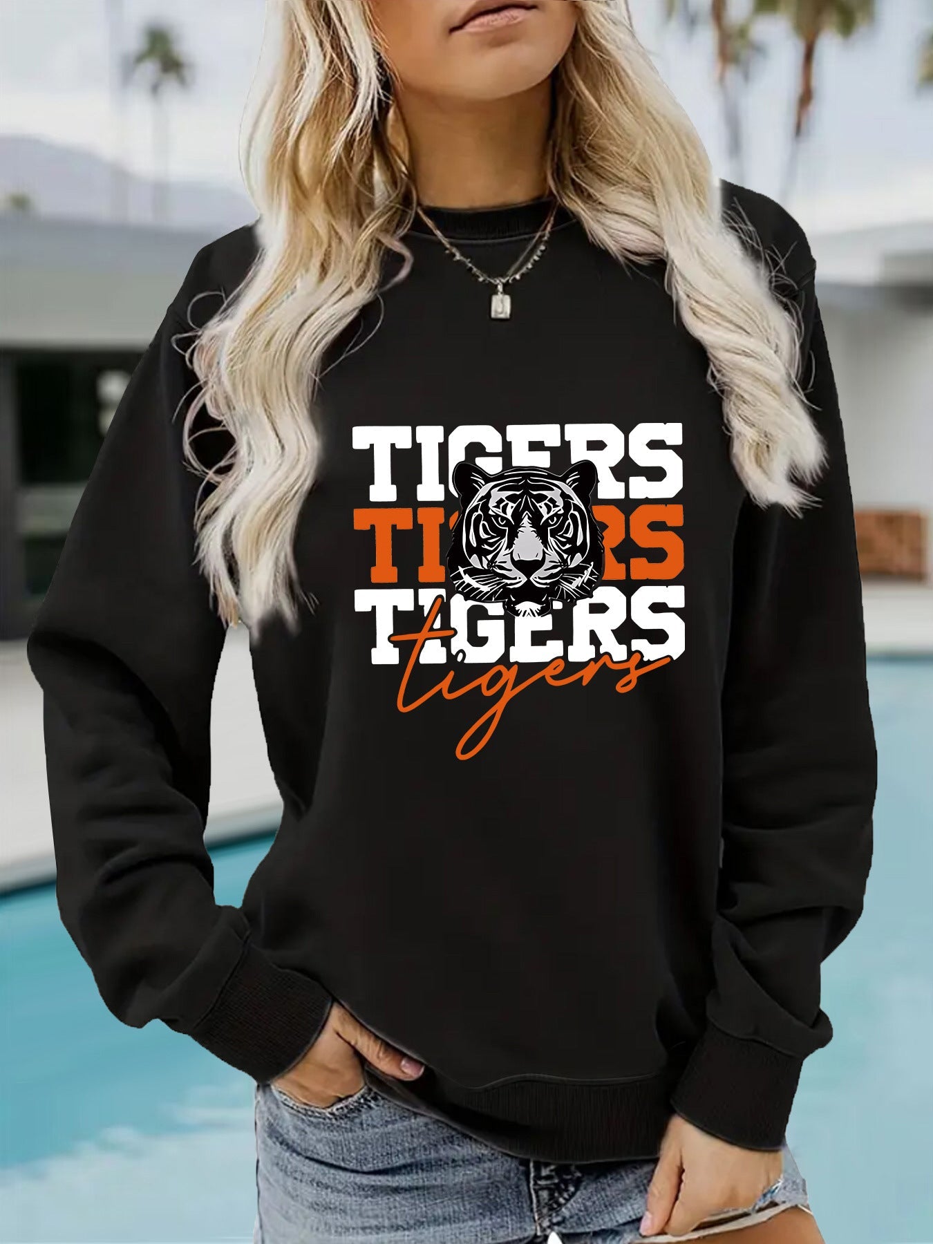 Damen Sweatshirt Tiger-Design Lässig Grau Eveloria