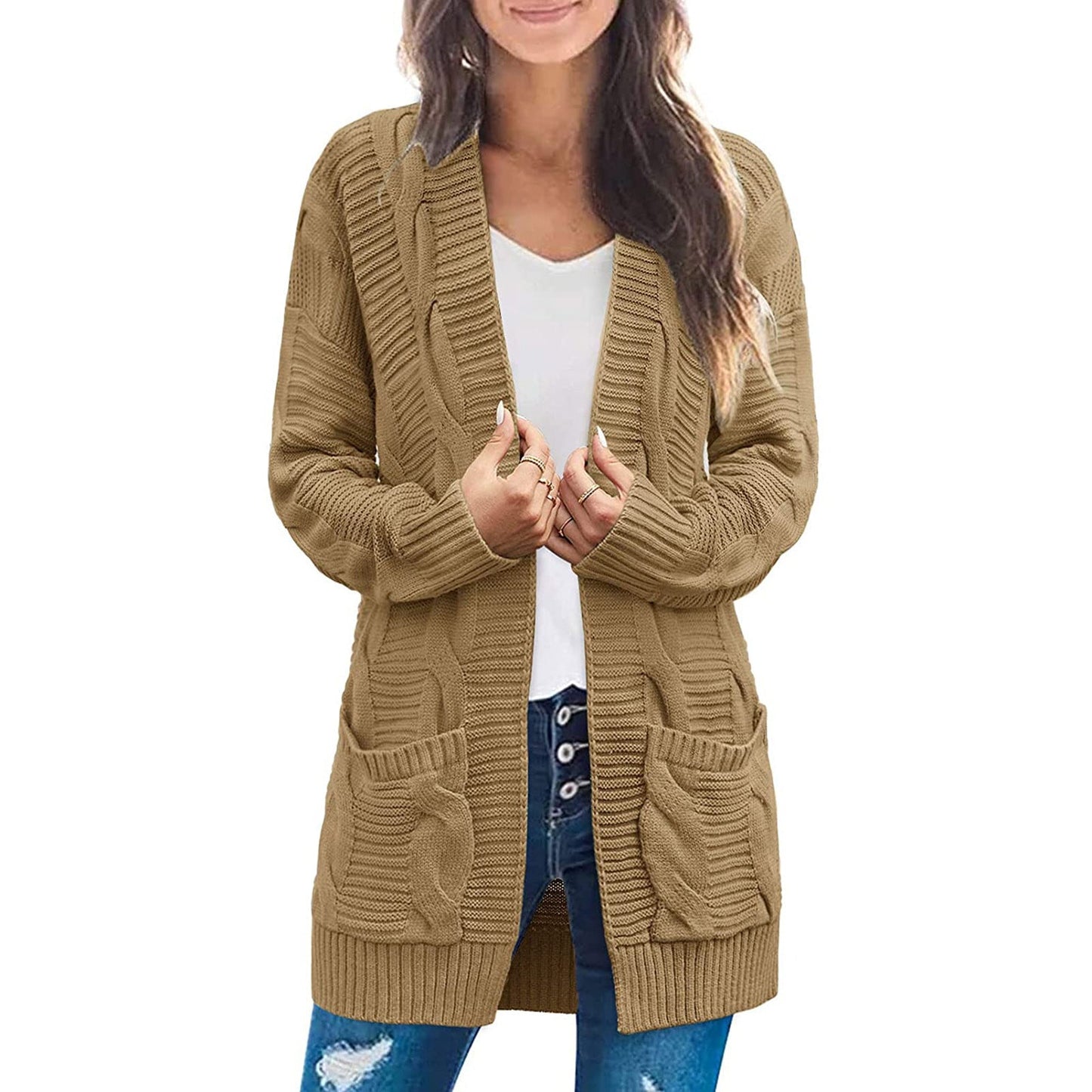 Damen Grobstrick Cardigan mit Taschen Strukturierter Look Beige