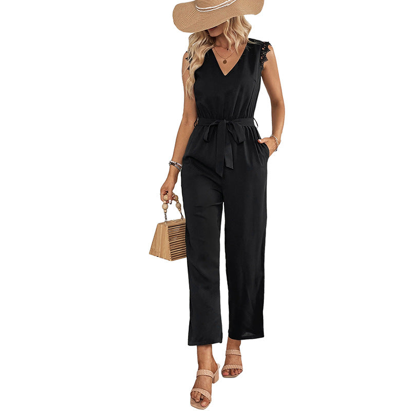 Damen Jumpsuit Spitze Taillengürtel Eveloria