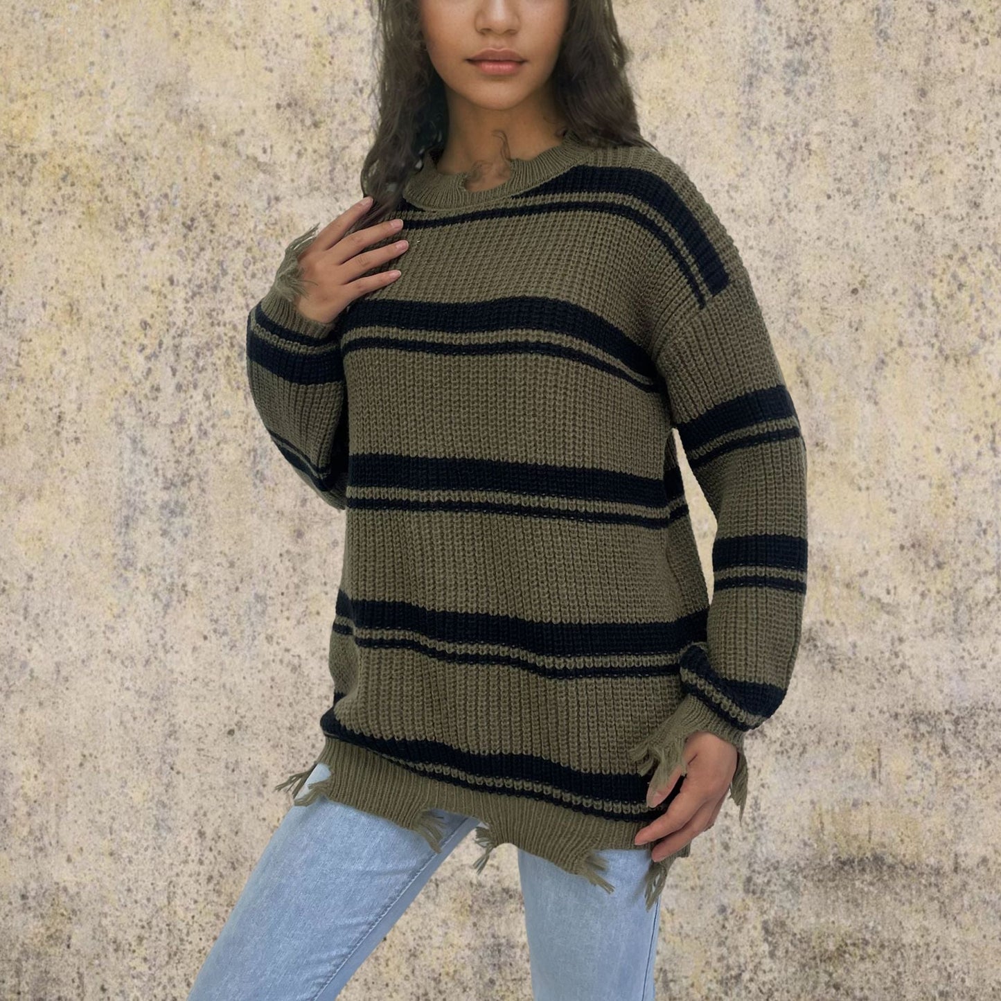 Damen Oversized Strickpullover Streifenmuster Fransen