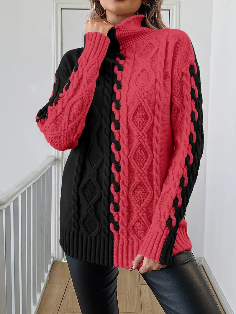 Damen Strickpullover Farbwechsel Zopfdesign
