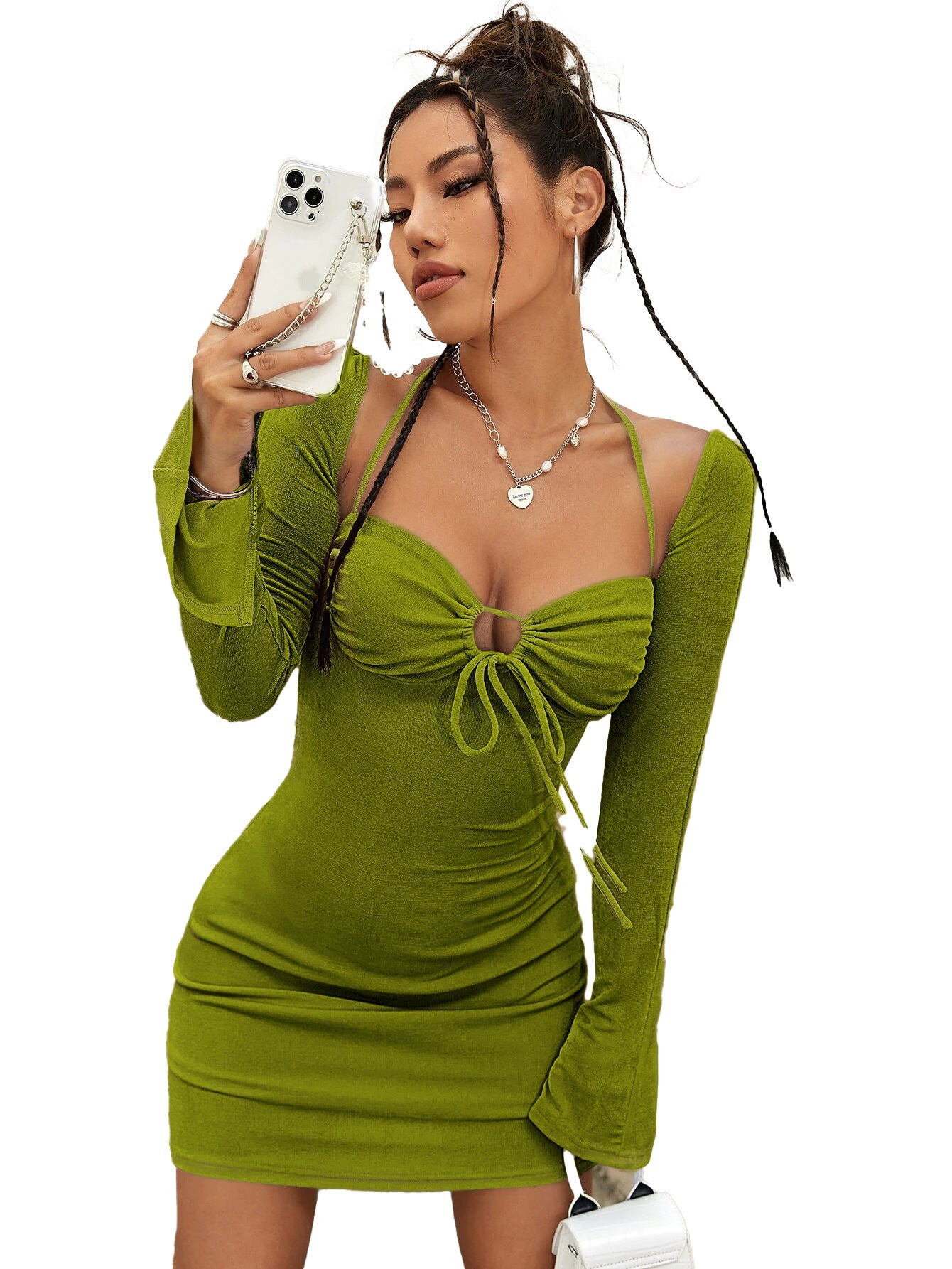 Damen Minikleid Figurbetont V-Ausschnitt Langer Ärmel Eveloria
