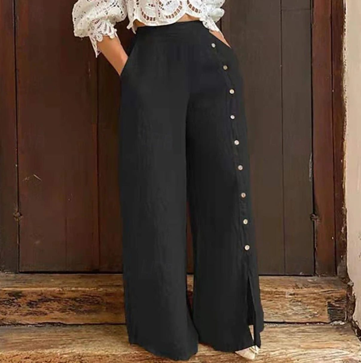 Damen Baumwollhose Weit mit Knöpfen Elegant Beige