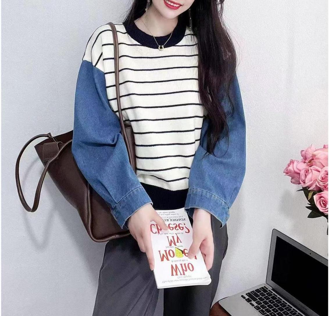 Damen Sweater mit Denim-Ärmeln Blau Eveloria