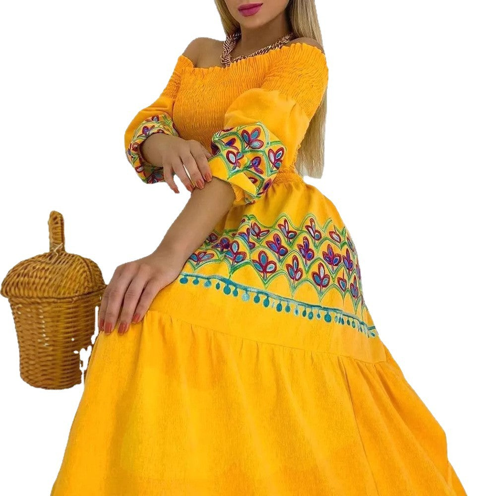 Damen Maxikleid Schulterfrei Stickerei Boho-Stil