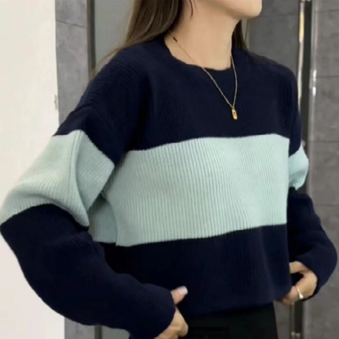 Damen Grobstrickpullover Modernes Farbblockdesign