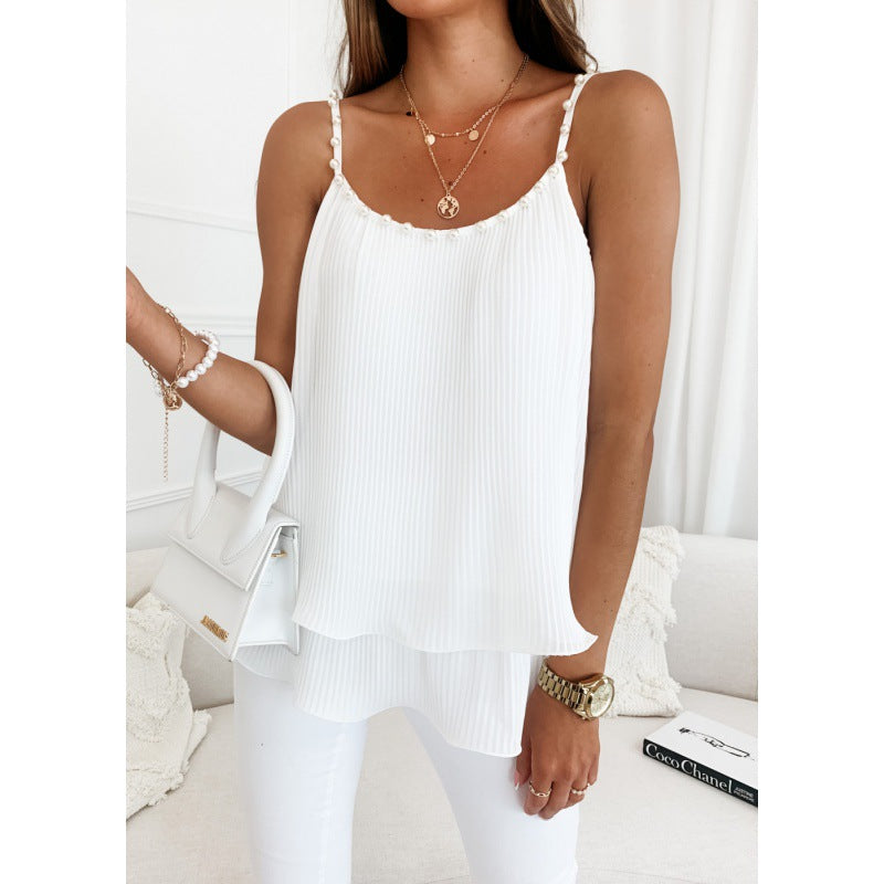 Damen Oberteil Chiffon Plissee Perlen Eveloria