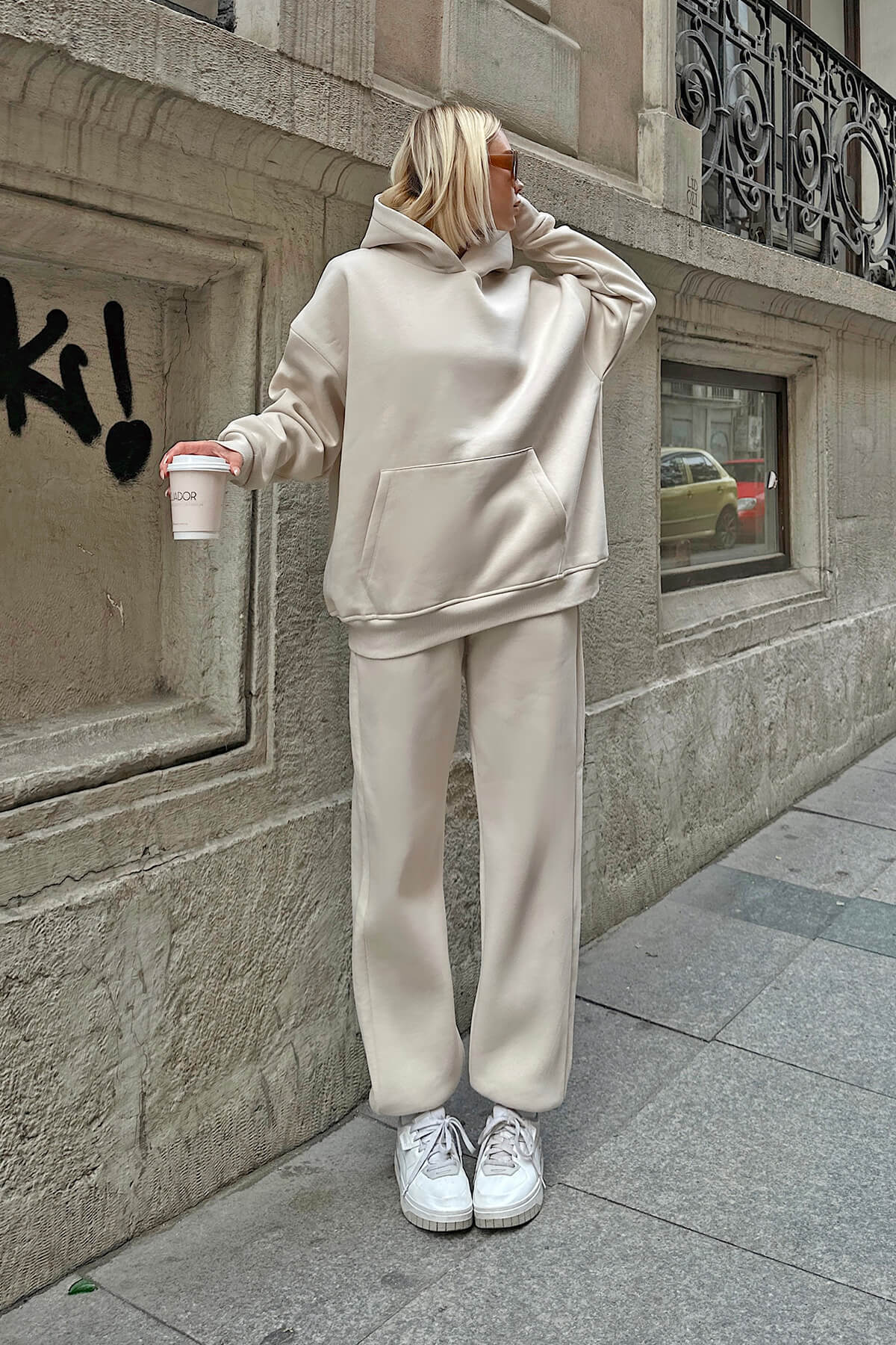 Damen Oversized Hoodie Jogginghose Lässig Grau
