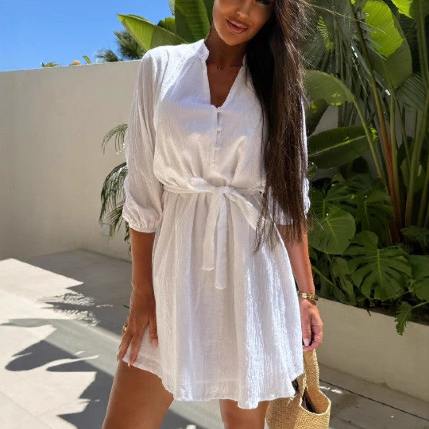 Damen Hemdblusenkleid mit Gürtel und Puffärmeln