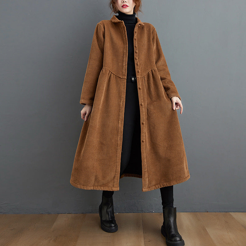 Damen Corduroy Mantel A-Linie Midi-Länge mit Knopfverschluss Braun