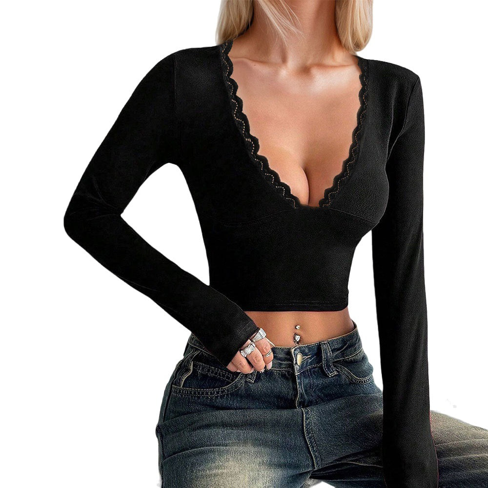 Damen Langarm- V-Ausschnitt Spitzenborte Eleganz
