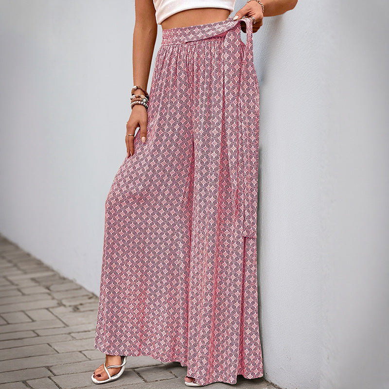 Damen Palazzo-Hose Weite mit Bindegürtel und Print