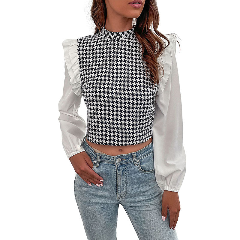 Damen Crop- Voluminöse Ärmel Karomuster