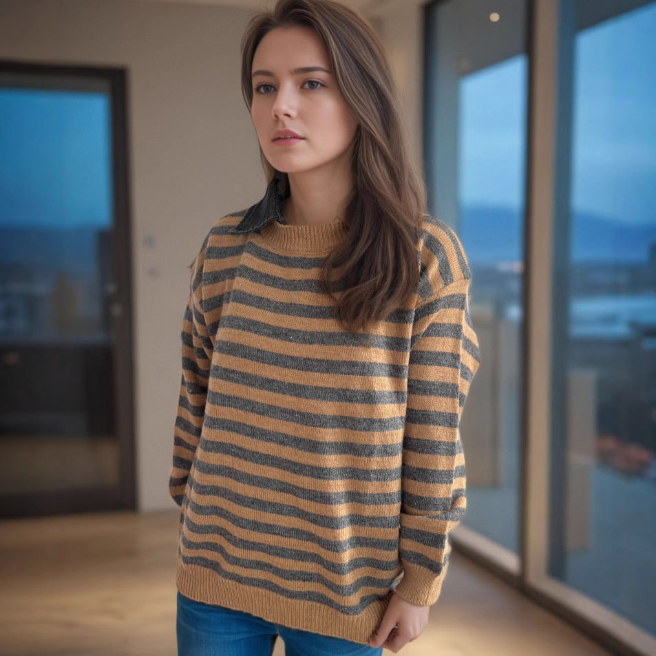 Damen Oversized Pullover Streifenmuster Lässig Beige