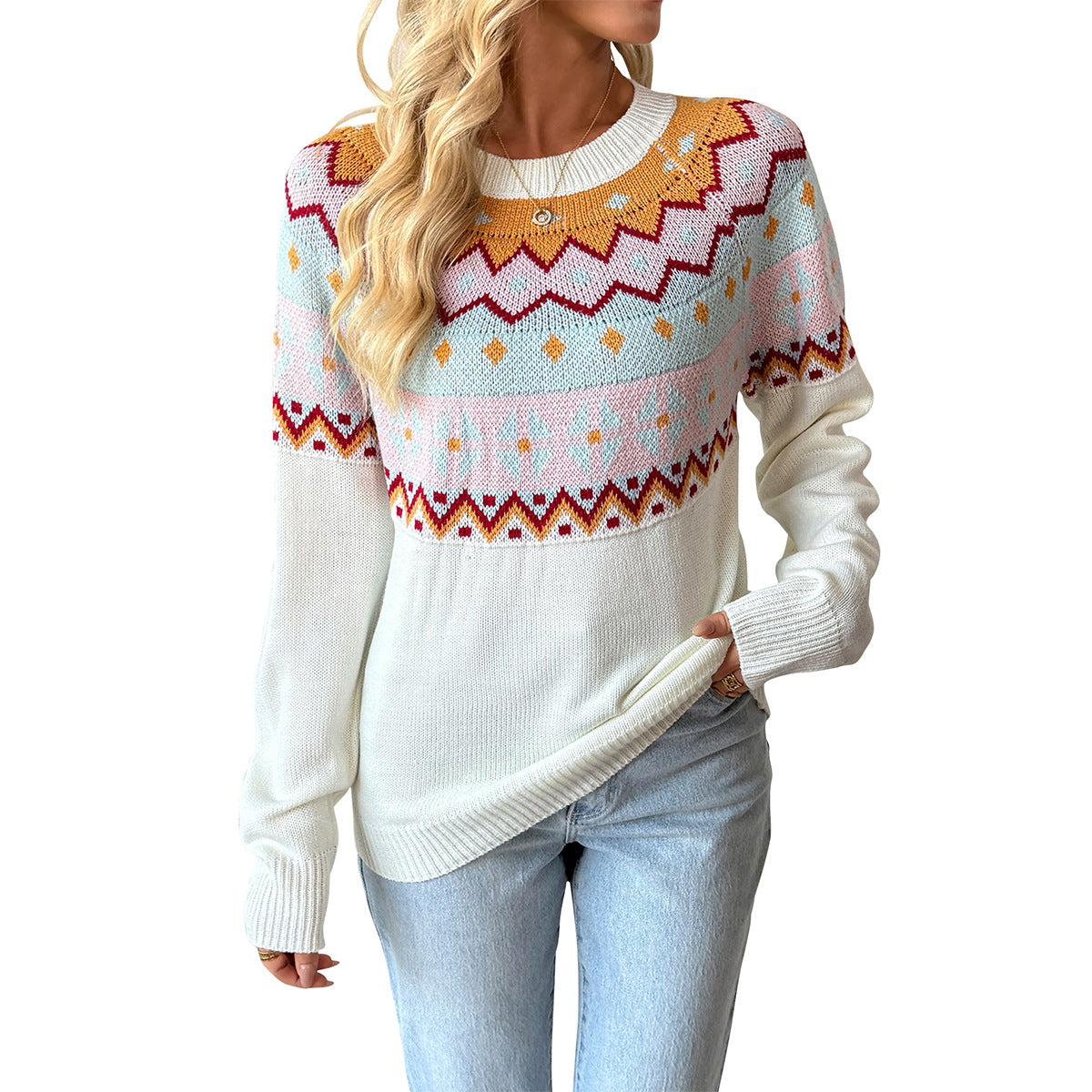 Damen Pullover Geometrisches Muster Rundhals