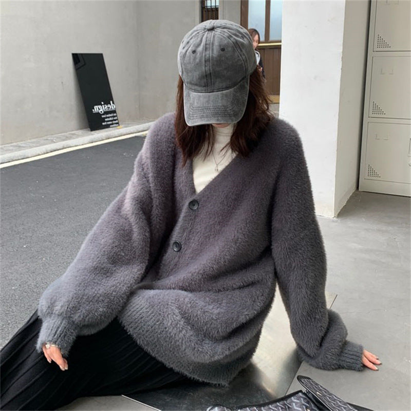 Damen Flauschcardigan Weit mit Knöpfen Beige