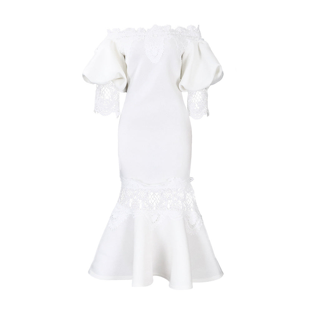 Eveloria Damen Spitzenkleid Meerjungfrauenschnitt Voluminöse Ärmel