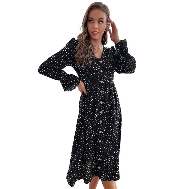 Damen Midi-Kleid Knöpfe Volantärmel Eveloria