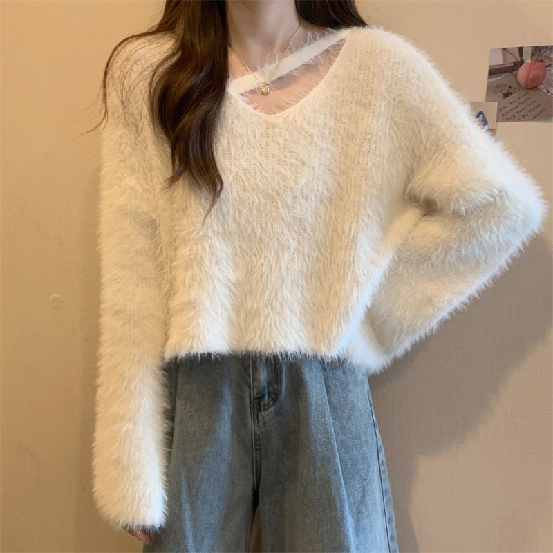 Damen Pullover Flauschig Lässiger Schnitt V-Ausschnitt Beige