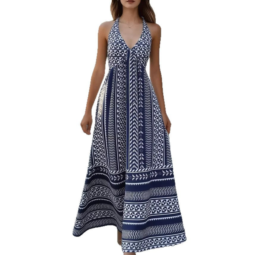Damen Maxikleid Geometrisches Muster V-Ausschnitt Eveloria