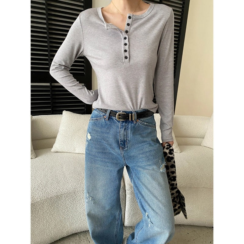 Damen Langarmshirt mit Knopfleiste Baumwolle Beige