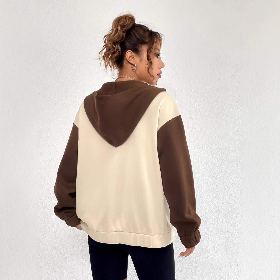 Damen Sweatjacke Lässig Kontrastärmel Kapuze